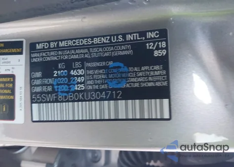 2019 Mercedes-Benz C 300 z USA, uszkodzony, nr VIN 55SWF8DB0KU304712